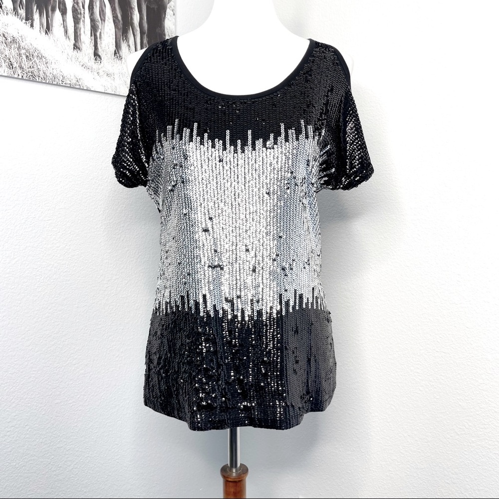International Concepts Sequin Blouse Women’s Size Small Black Silver Top INC